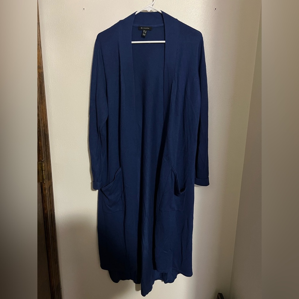 H BY HALSTON Classic Long Length Open‎ Front Cardigan Sweater Blue Women's Sz L